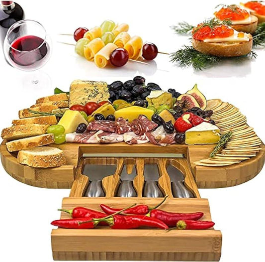 Solander Skelf Large Cheese Board and Knife Set - Stylish Charcuterie Board Set, Bamboo Housewarming Gifts New Home, Birthday Gifts for Women, or Wedding Gifts for Couples