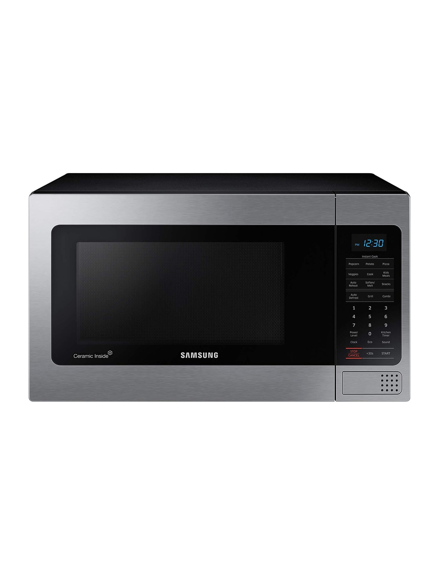 SAMSUNG 1.1 Cu Ft Countertop Microwave Oven w/ Grilling Element, Ceramic Enamel Interior, Auto Cook Options,1000 Watt, MG11H2020CT/AA, Stainless Steel, Black w/ Mirror Finish,15.8"D x 20.4"W x 11.7"H