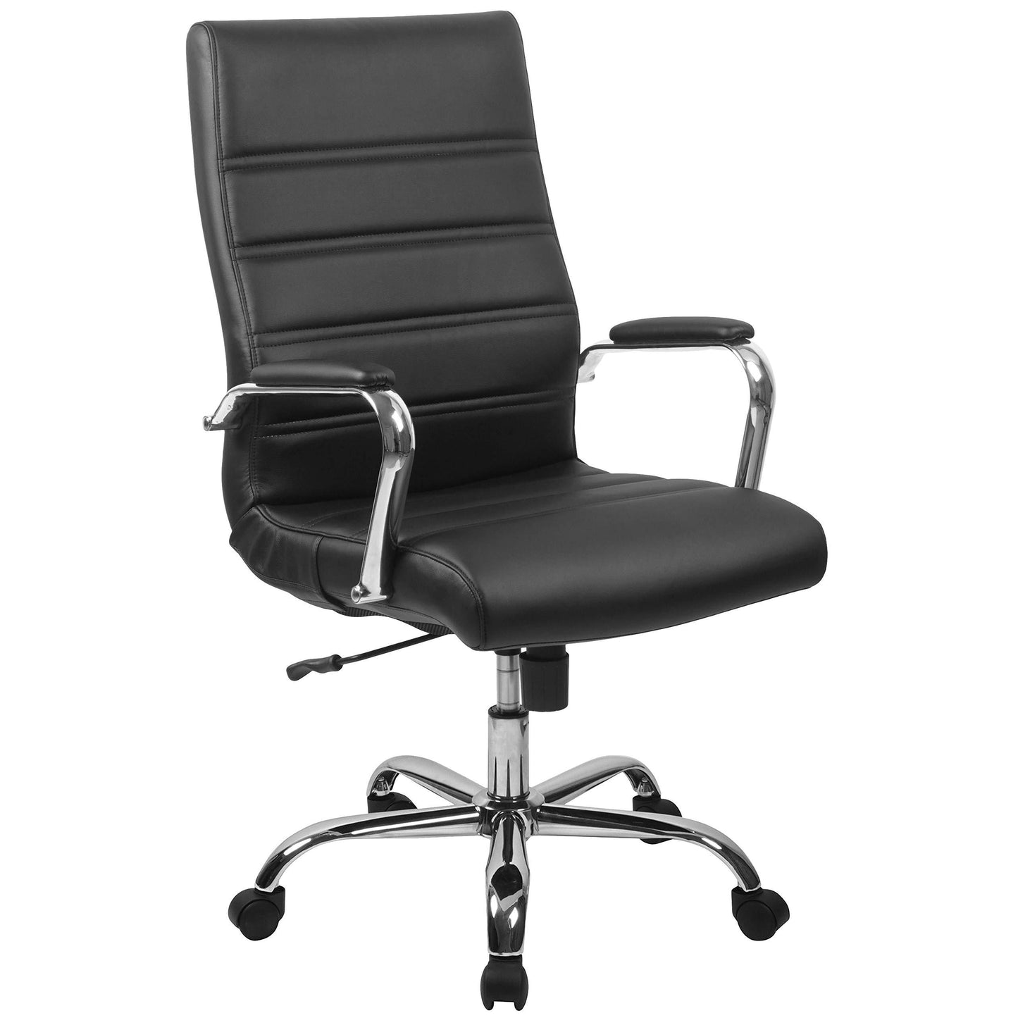 Flash Furniture Whitney High-Back Swivel LeatherSoft Desk Chair with Padded Seat and Armrests, Adjustable Height Padded Office Chair, Black/Chrome