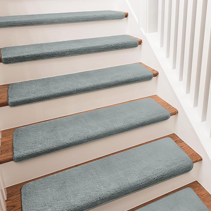 PURE ERA Carpet Stair Treads Ultra Plush Soft Bullnose Indoor Stair Protectors Pet-Friendly Non-Slip Skid Resistant Tape Free Washable Reusable (14 Pieces, Greenish Gray)