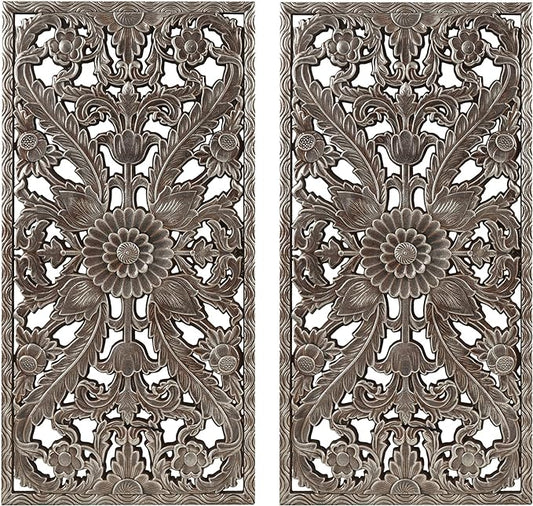 Madison Park Wall Art Living Room Décor - Vintage Botanical Carved Wooden Panel Home Accent Bathroom Decoration Ready to Hang Frames for Bedroom, 15.75" W x 31.5" L x 0.59" D, Bronze 2 Piece