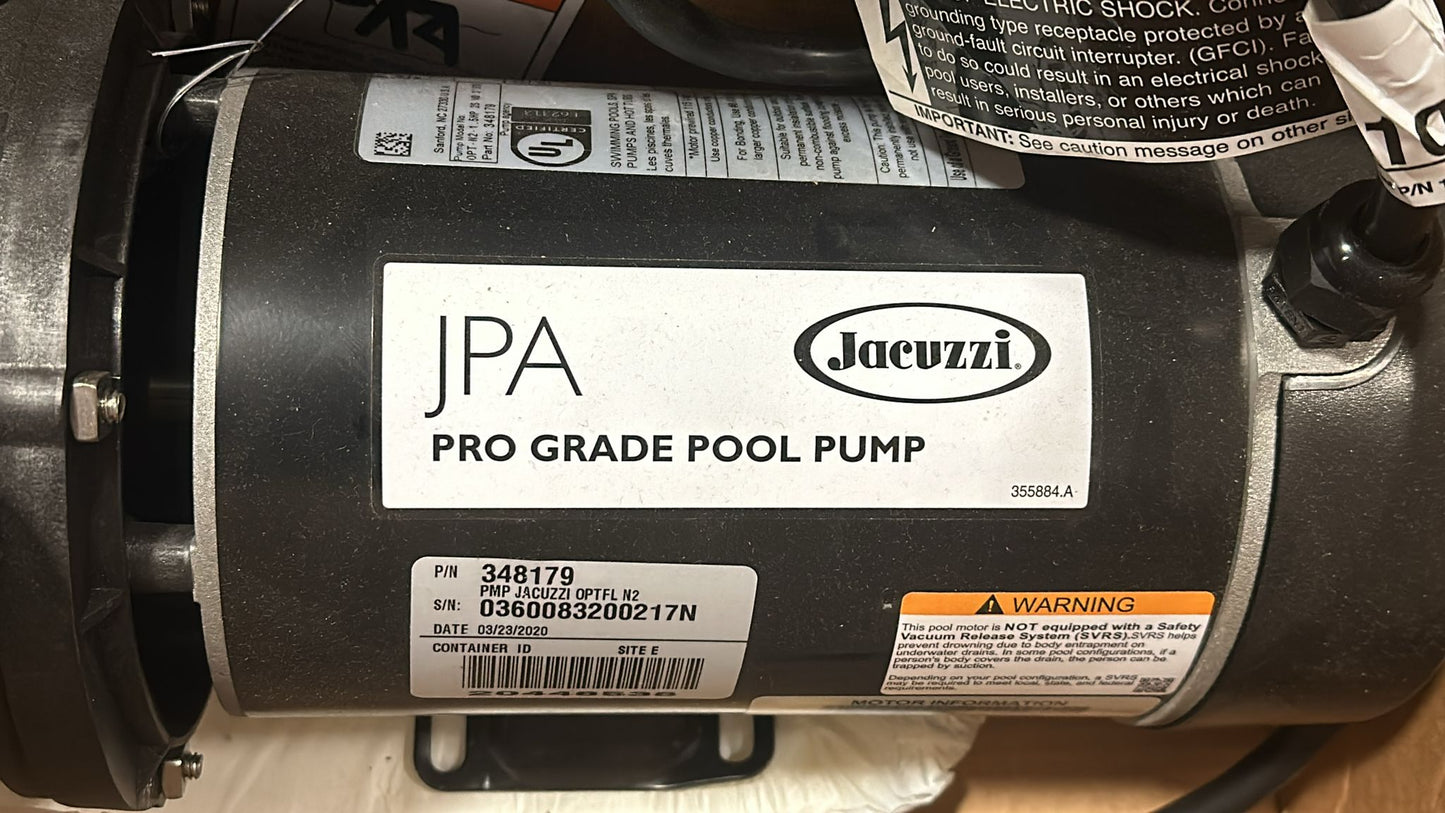 New Jacuzzi JPA Pro Grade Pool- Whirlpool Pump 1.5HP/.19 Spl #348179