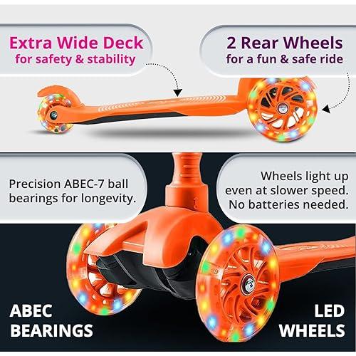 Kicksy - Kids Scooter - Toddler Scooter For Kids 2-5 Adjustable Height - 3 Wheel Scooter For Kids Ages 3-5 Boys & Girls - Kids Three Wheel Scooter With Light Up Led Wheels, Tangerine