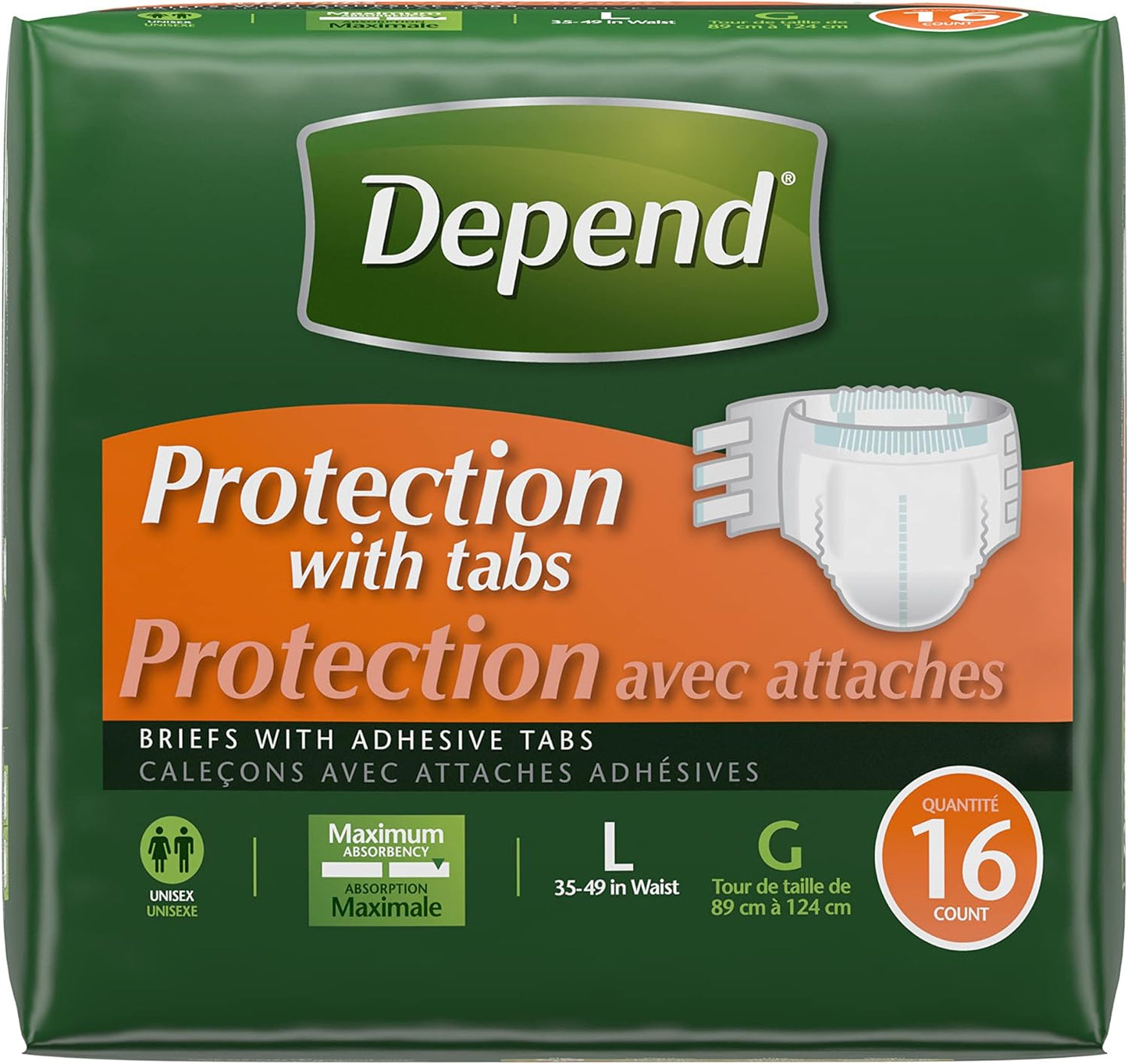 Depend Protection with Tabs, [Large], Maximum Absorbency, 16-Count Package (Pack of 3)