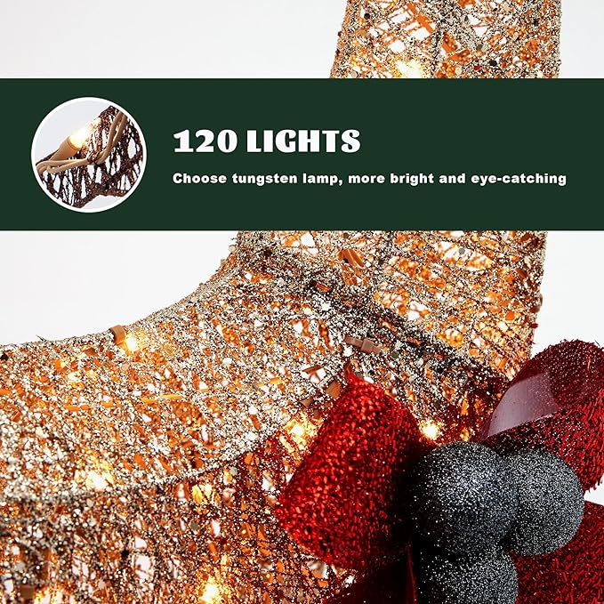 Gllabel Lighted Christmas Reindeer and Gift Box Sleigh Outdoor Patio Decoration Set - 50 inch Reindeer, 19.75 inch Sleigh, 12 inch Gift Box