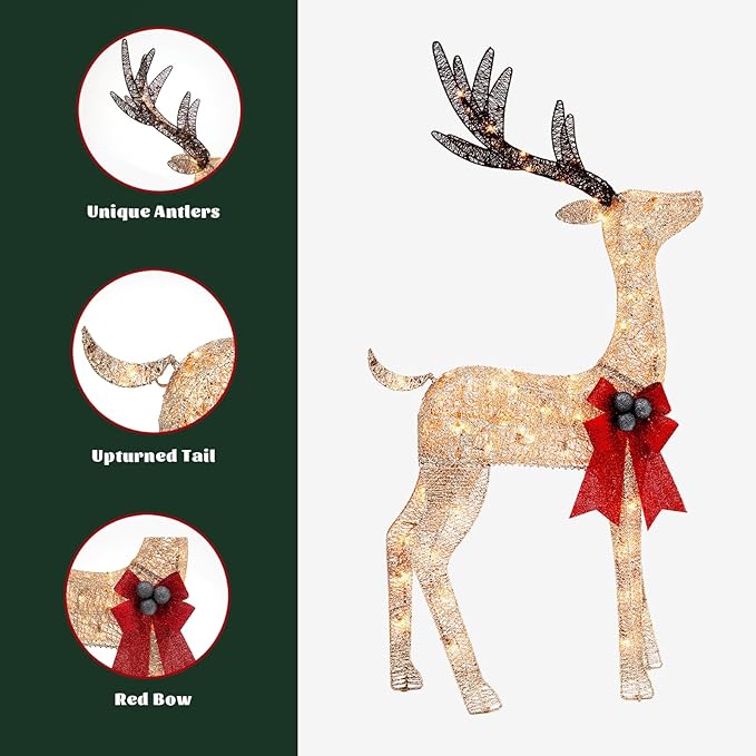 Gllabel Lighted Christmas Reindeer and Gift Box Sleigh Outdoor Patio Decoration Set - 50 inch Reindeer, 19.75 inch Sleigh, 12 inch Gift Box