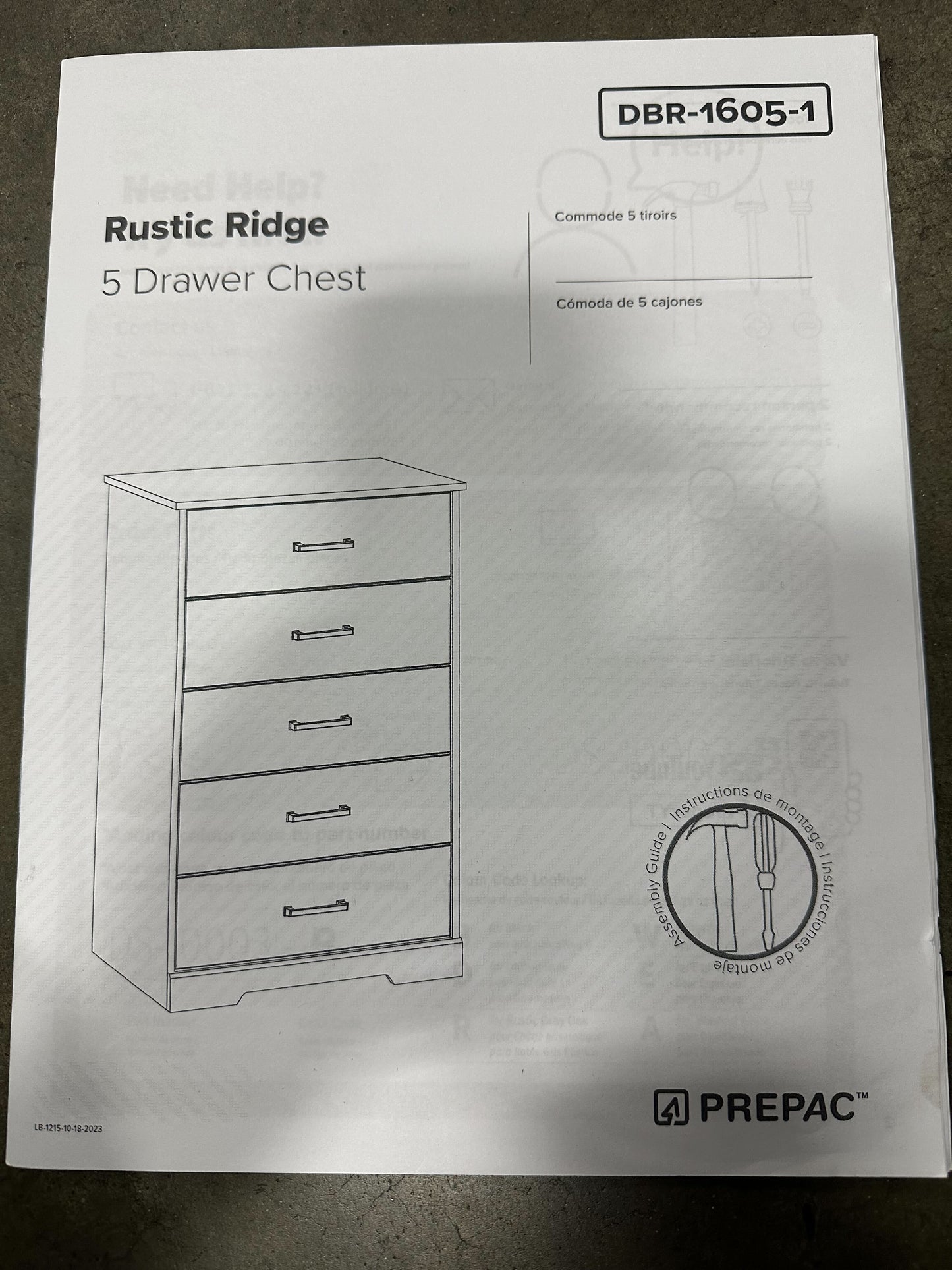 Prepac Rustic Ridge Farmhouse Dresser for Bedroom, Chest 5 Drawers, 18.5" D x 27.5" W x 43.5" H, Washed White