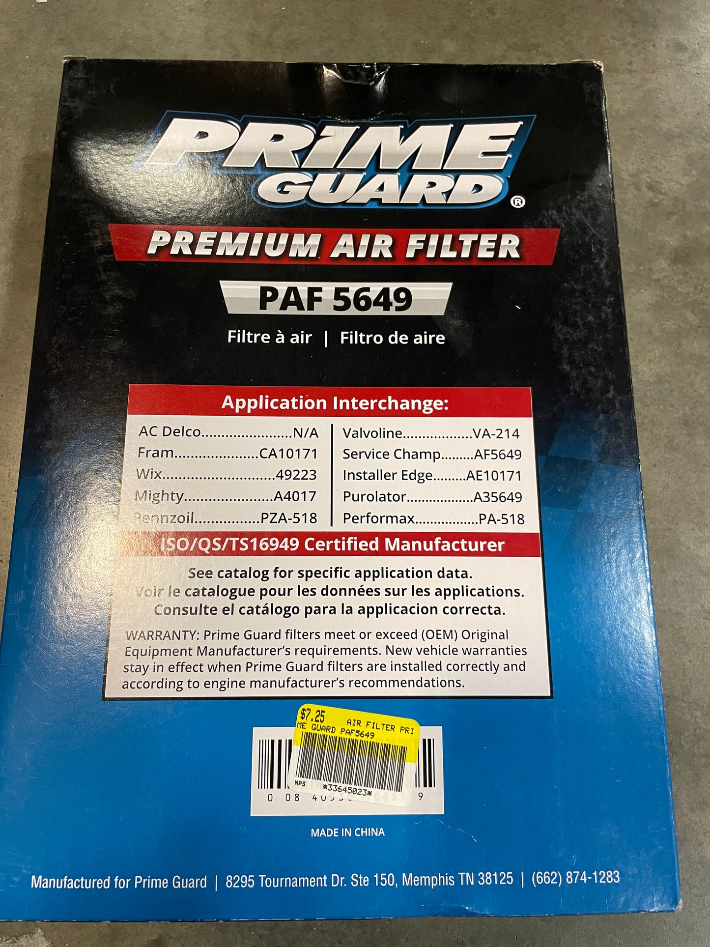 Air Filter Prime Guard PAF5649