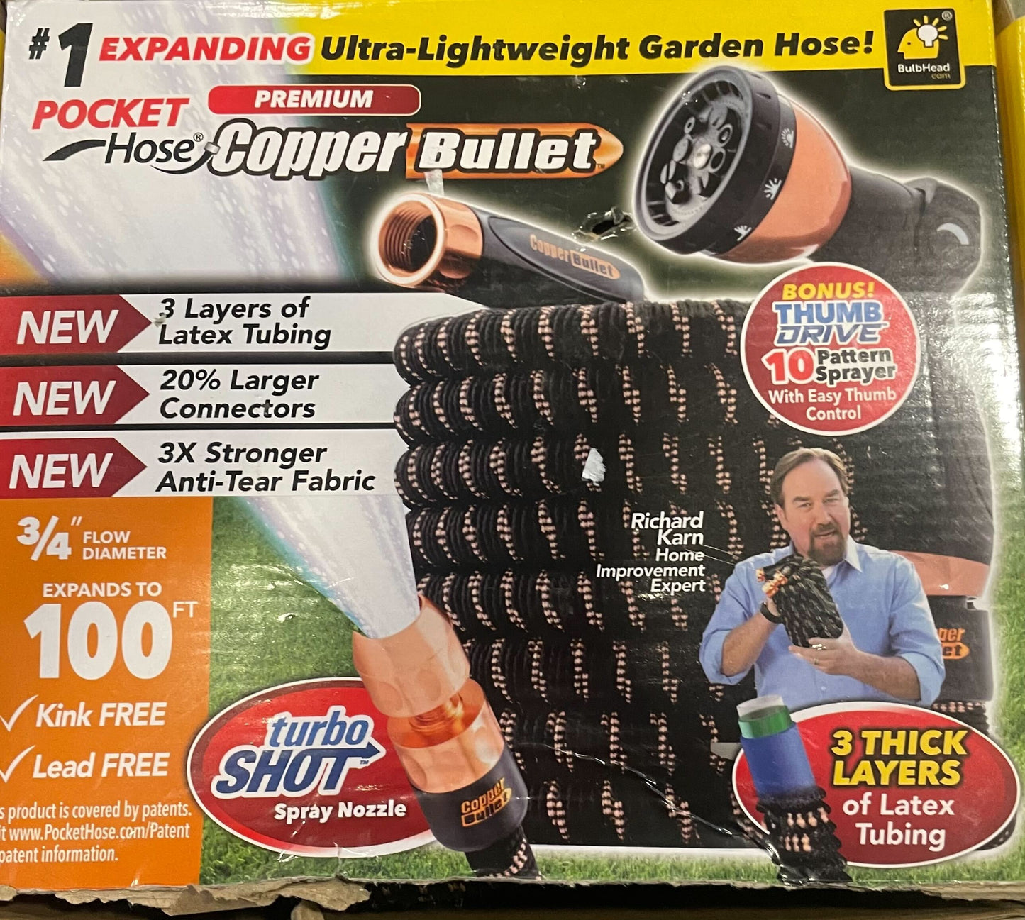 Pocket Hose Copper Bullet Expanding Garden Hose w/Copper, AS-SEEN-ON-TV, Lead-Free, Larger Connectors, 3X Stronger Fabric, 3 Layers of Latex Tubing, Kink-Free, Leak-Proof, Bonus Spray Nozzle, 100-FT