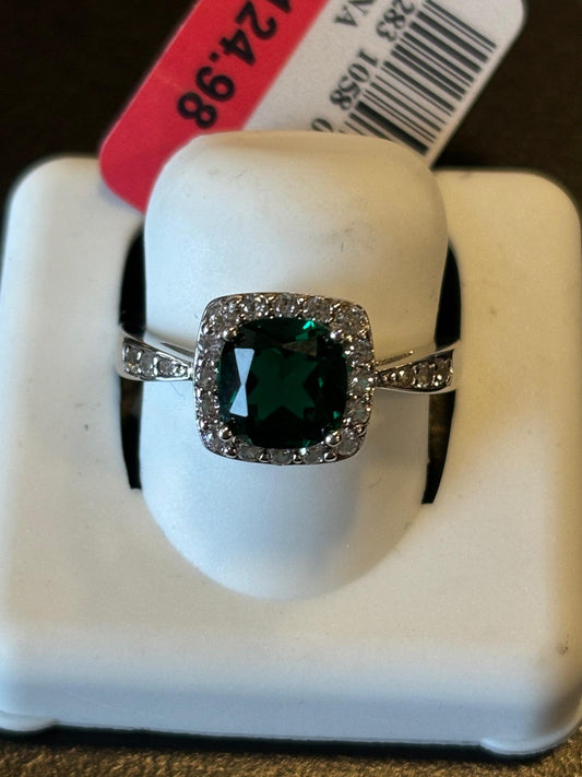 Cushion-Cut Emerald and Genuine White Topaz Sterling Silver Ring Size 7