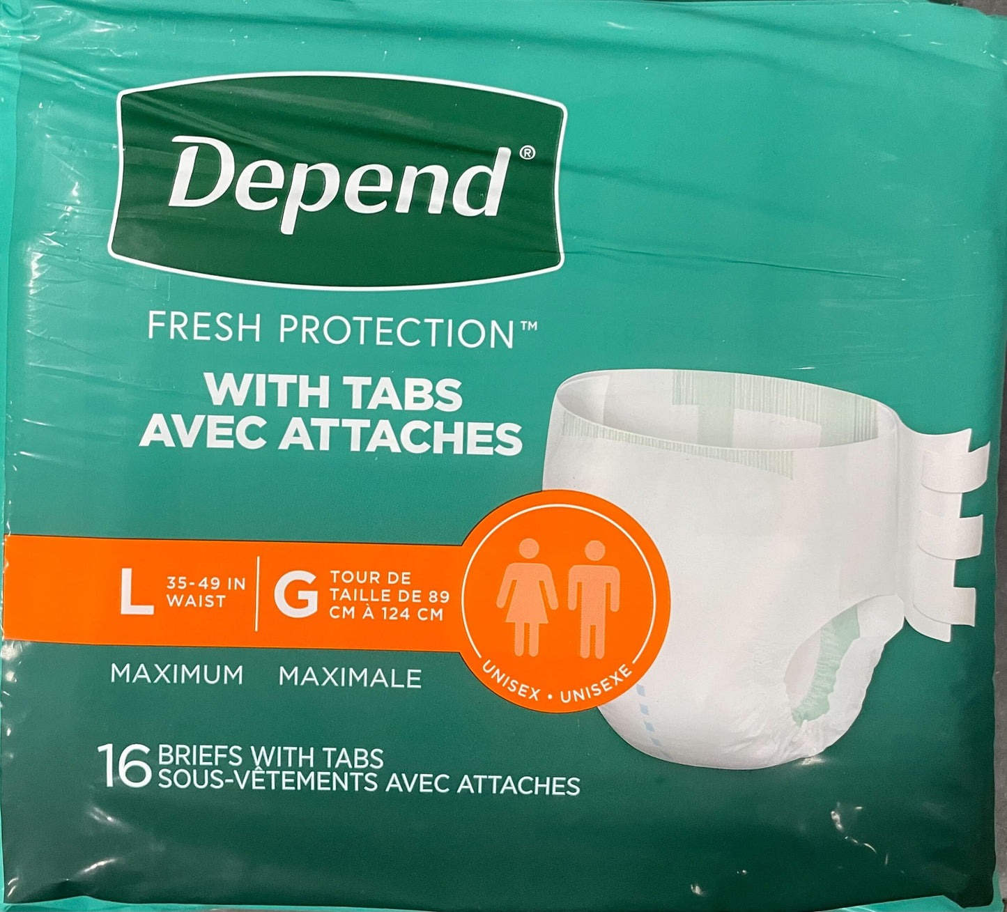 Depend Incontinence Protection with Tabs, Unisex, Large (35-49 inch ), Maximum Absorbency, Pack of 16