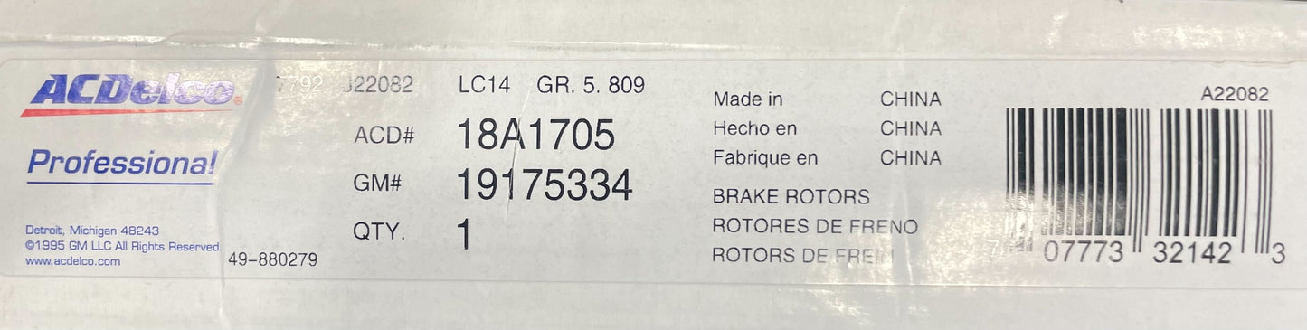 ACDelco Gold 18A1705SD Performance Front Disc Brake Rotor