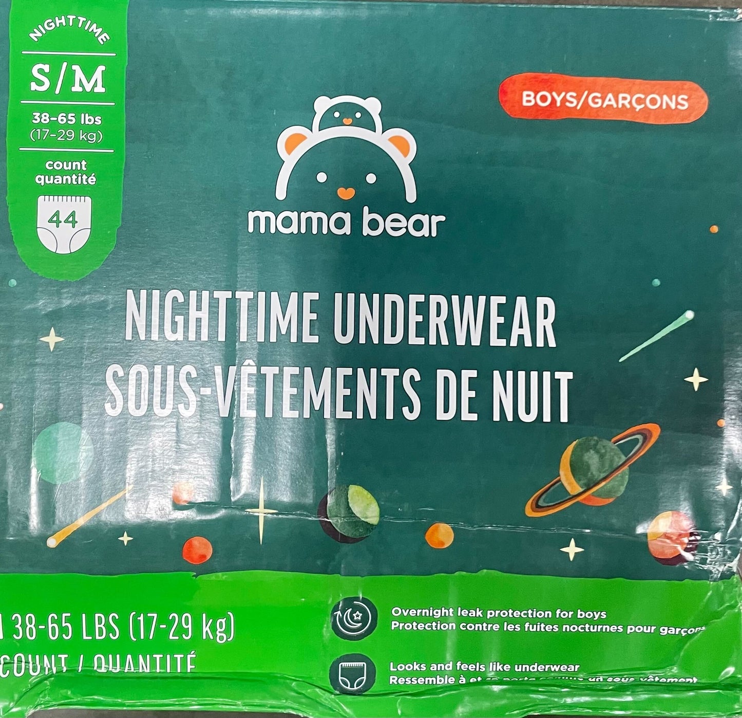 Mama Bear Boys' Overnight Underwear for Bedwetting, Overnight Protection, Hypoallergenic, Size S/M (38-65 lbs), 44 Count, White