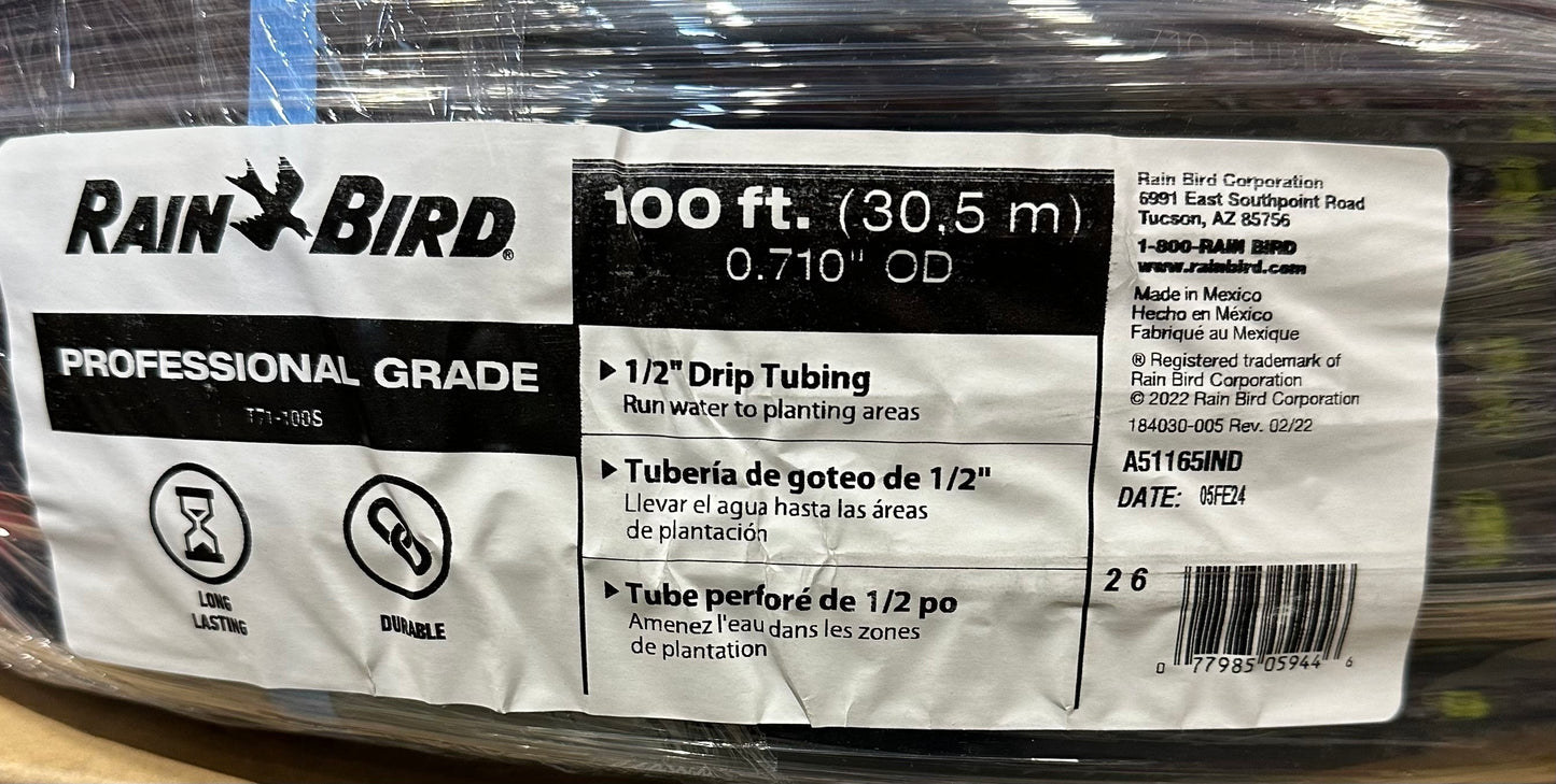 Rain Bird T71-100S Drip Irrigation 1/2" (.710" OD) Blank Distribution Tubing, 100', Black