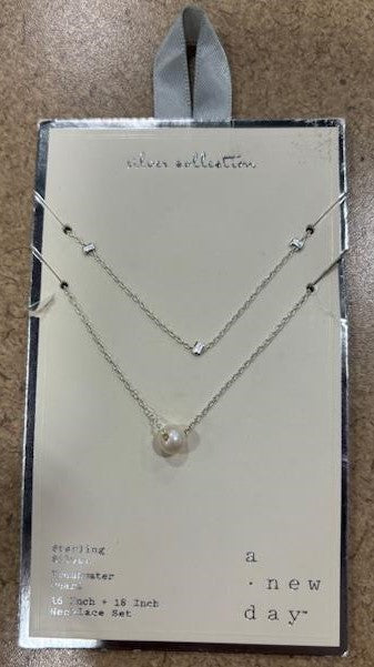 A New Day Sterling Silver with Freshwater Pearl Duo Necklace Set 2pc - Silver