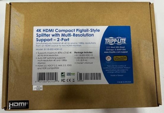 Tripp Lite HDMI Splitter, 2 Port with Built-in Cable USB Powered HDMI Splitter, 4K @ 60 Hz, 4:4:4, Multi-Resolution Support, HDR, HDCP 2.2, TAA (B118-002-HDR-V2), 15 Feet