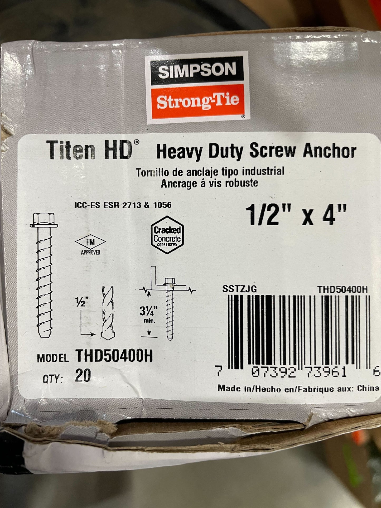 Simpson Strong-Tie THD50400H - Titen HD (Zinc) Concrete Screw Anchor 1/2" x 4" 20ct