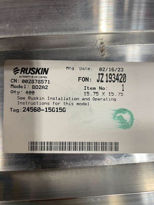 Ruskin Commercial Backdraft Damper model# BD2A2