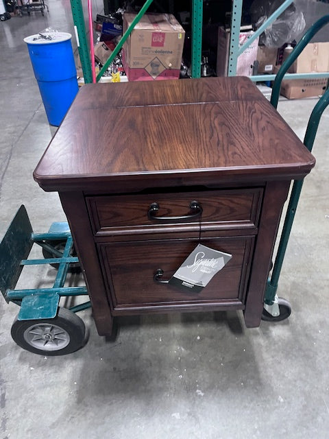 Signature Design by Ashley Woodboro Traditional Square End Table with 1 File Drawer, 2 Electrical Outlets and USB Port, Dark Brown