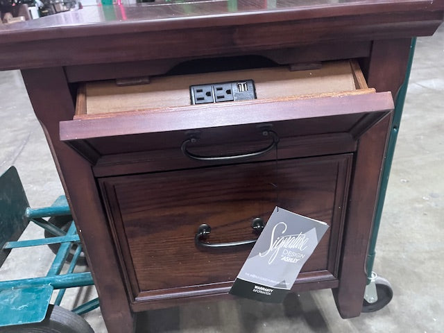 Signature Design by Ashley Woodboro Traditional Square End Table with 1 File Drawer, 2 Electrical Outlets and USB Port, Dark Brown