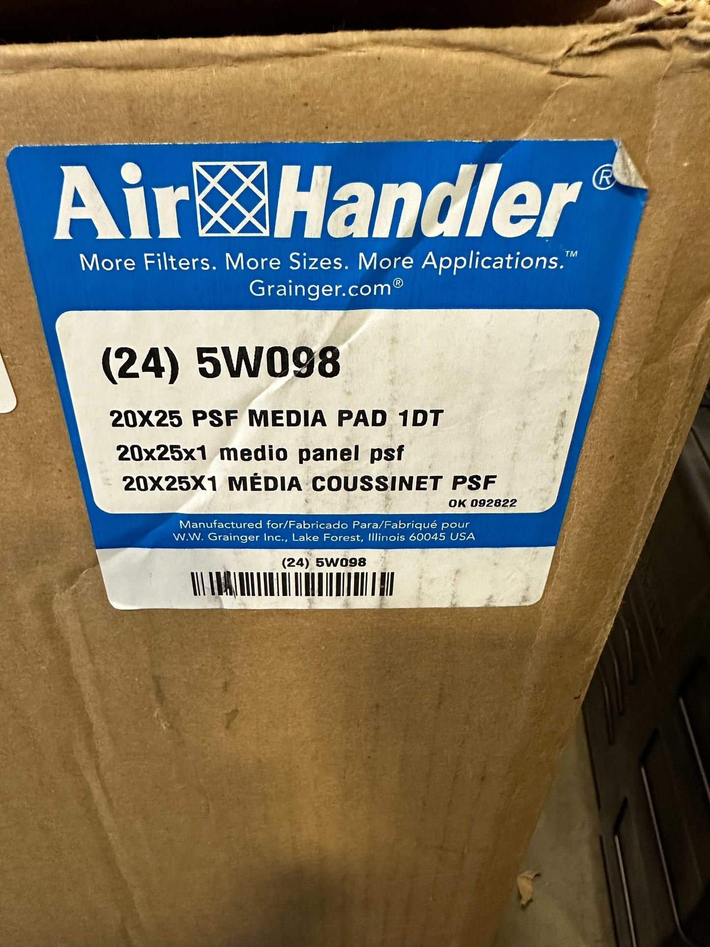 AIR HANDLER Air Filter Pad: (24) 20x25x1 Polyester, Surface Tackifier, Blue/White Part # 5W098