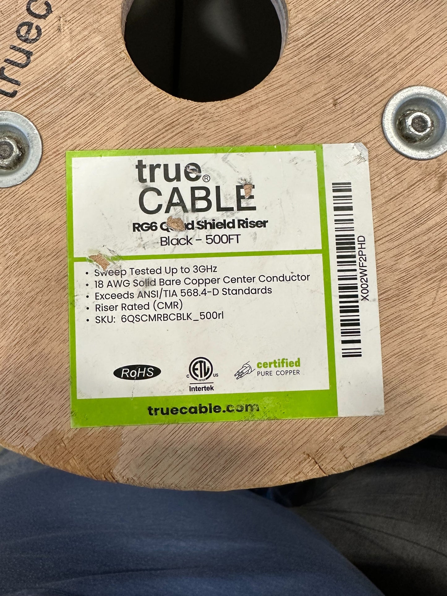 TrueCABLE RG6 Quad Shield Coax, 500ft, Black, Riser Rated (CMR/CATVR/CL2), Bare Copper Conductor Coaxial Cable, 3GHz Sweep Tested