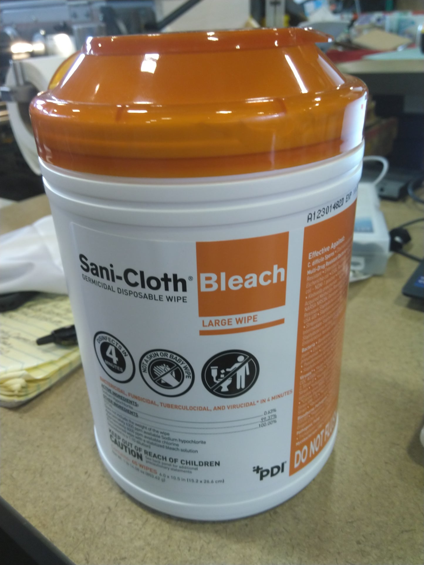 Sani-Cloth Bleach Germicidal Disposable Wipe - Hospital-Grade Disinfecting Surface Cleaner for Bathroom, Equipment - Large Canister, 6 in. x 10.5 in., 65 Wipes