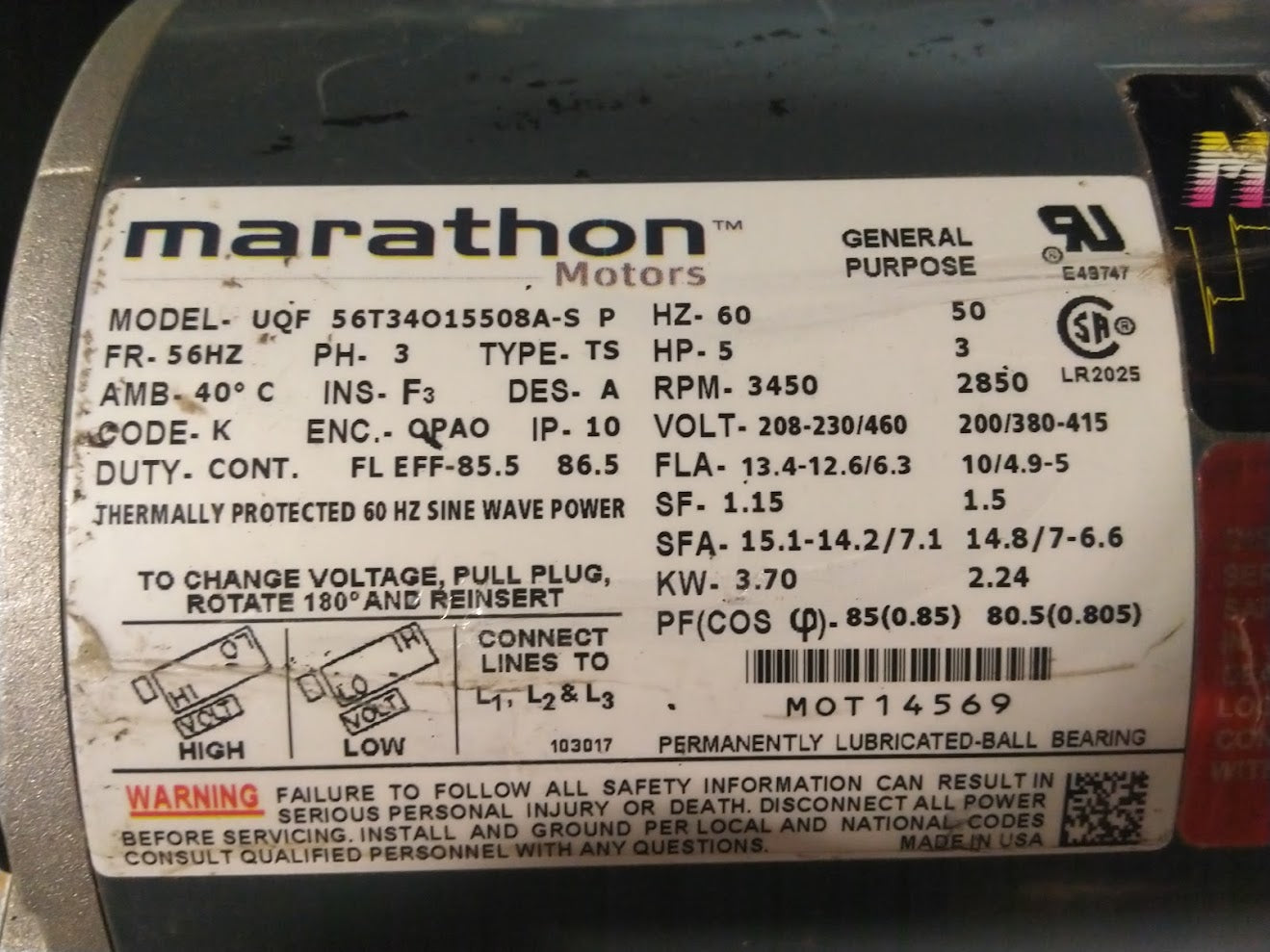 Marathon Motors  5hp 3450/2850 208-230/460v PN#MOT14569