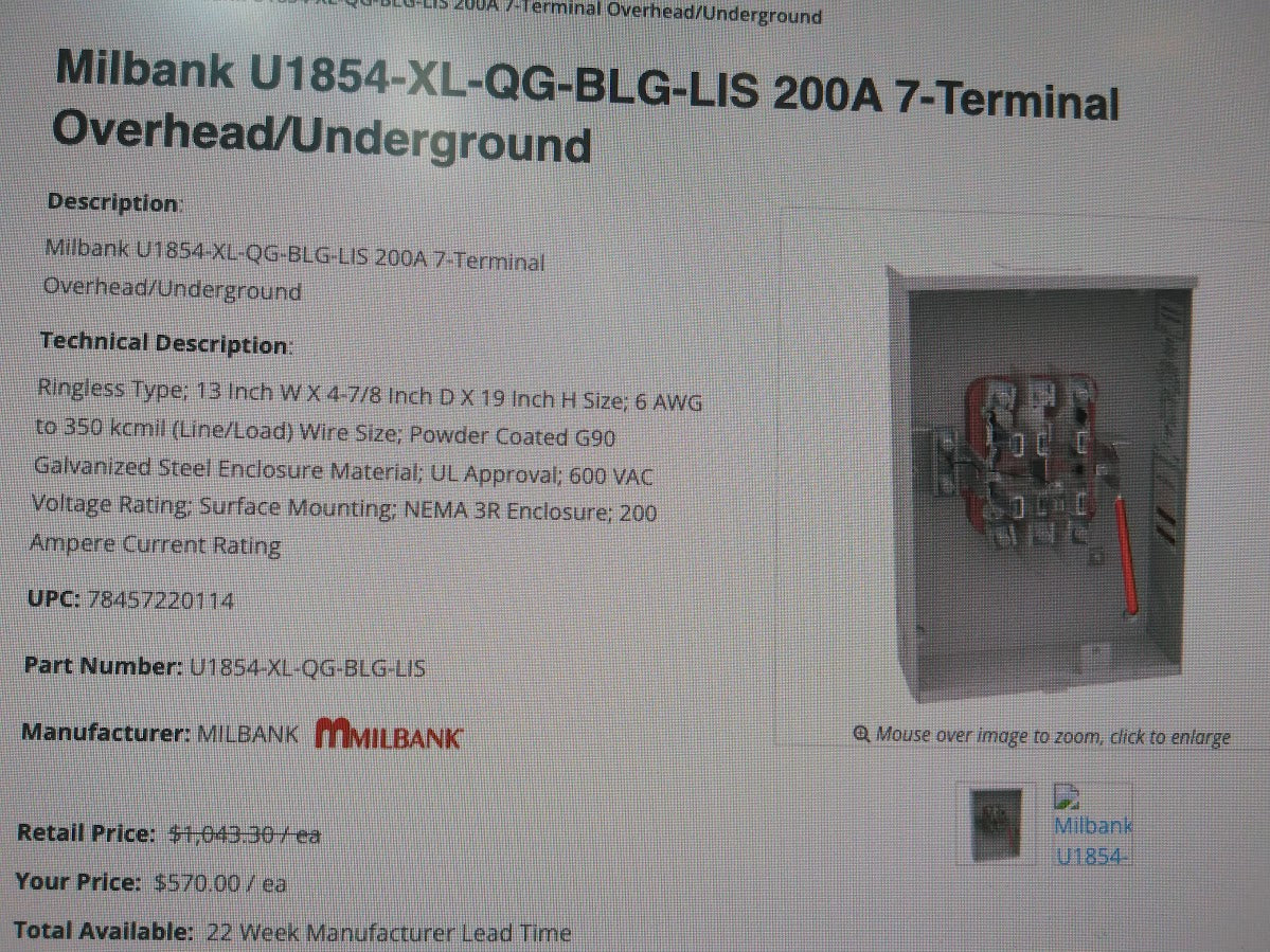 Milbank U1854-XL-QG-BLG-LIS 200A 7-Terminal Overhead/Underground