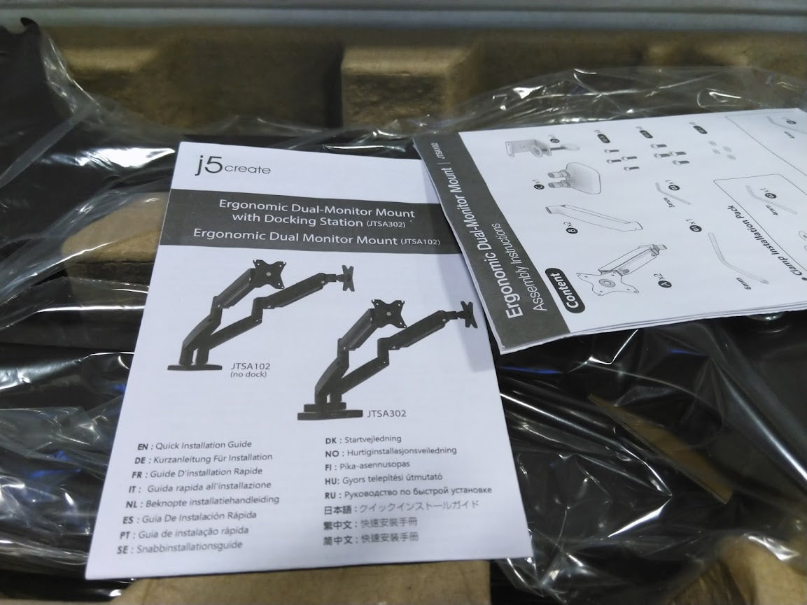 j5create Ergonomic Dual Monitor Mount, Fully Adjustable Monitor Desk Stand for 2 Screens up to 32 inch, Integrated Cable Management, Comes with Clamp and Grommet Mount Options (JTSA102)