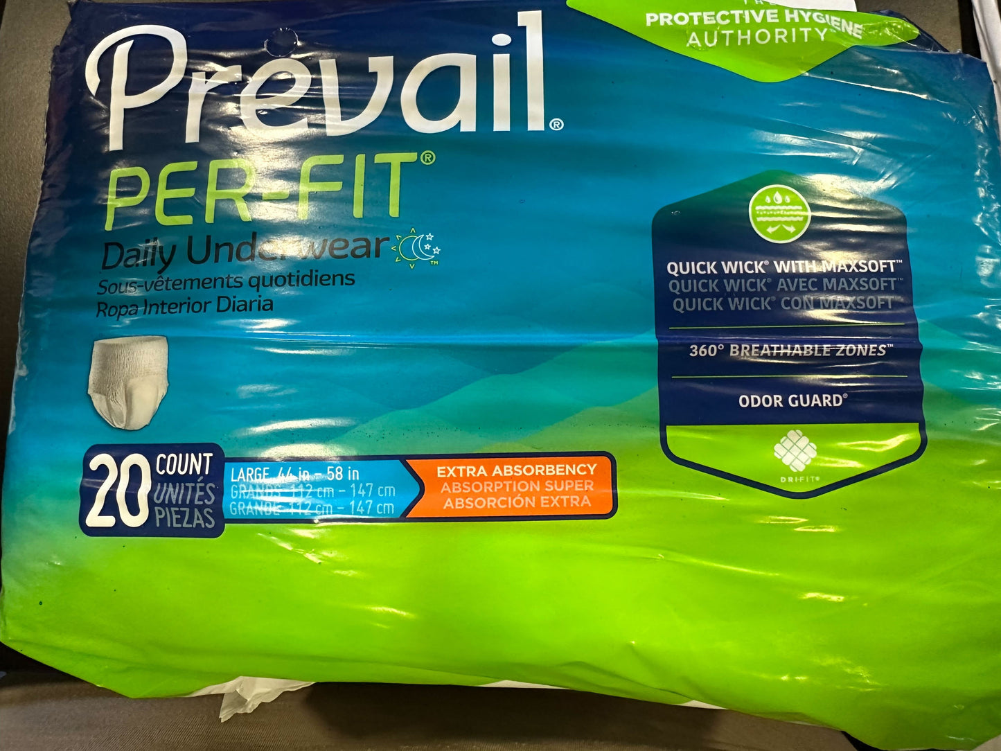 Prevail Per-Fit Daily Protective Underwear, Unisex Adult Disposable Diaper for Men & Women, Extra Absorbency, Large, 44"-58" Waist, 20 Count Bag