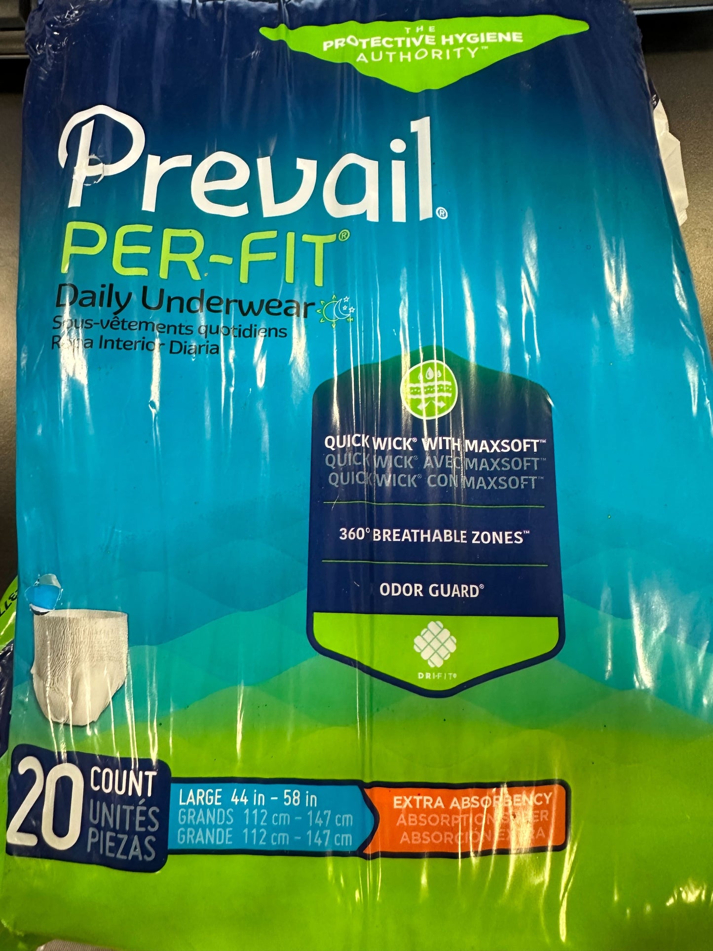 Prevail Per-Fit Daily Protective Underwear, Unisex Adult Disposable Diaper for Men & Women, Extra Absorbency, Large, 44"-58" Waist, 20 Count Bag