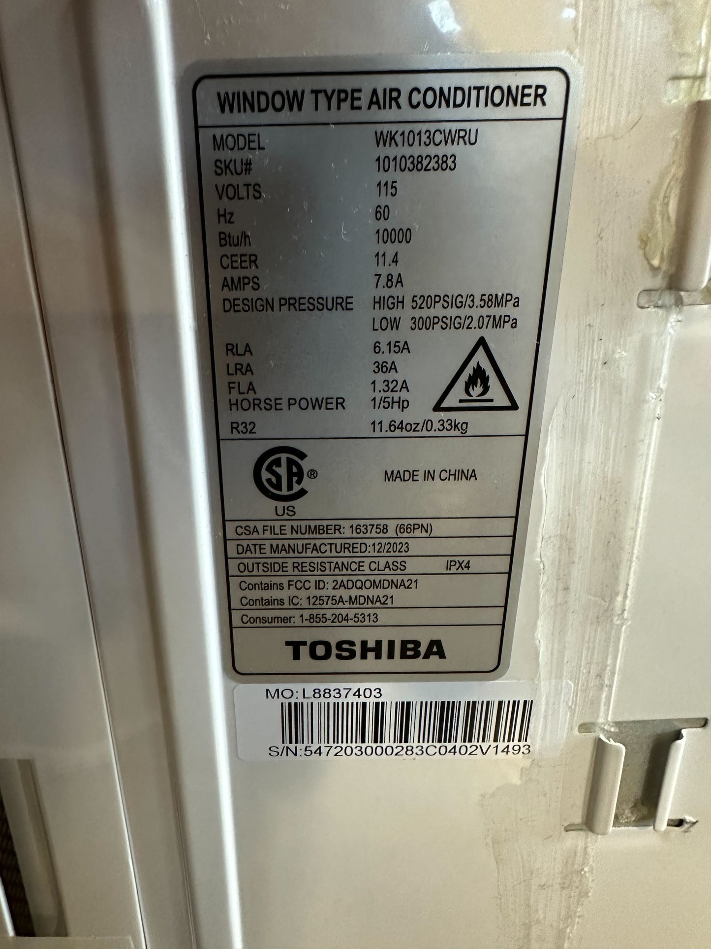 Toshiba 10,000 BTU Smart Wi-Fi Touch Control Window Air Conditioner WK1013CWRU Pre-owned