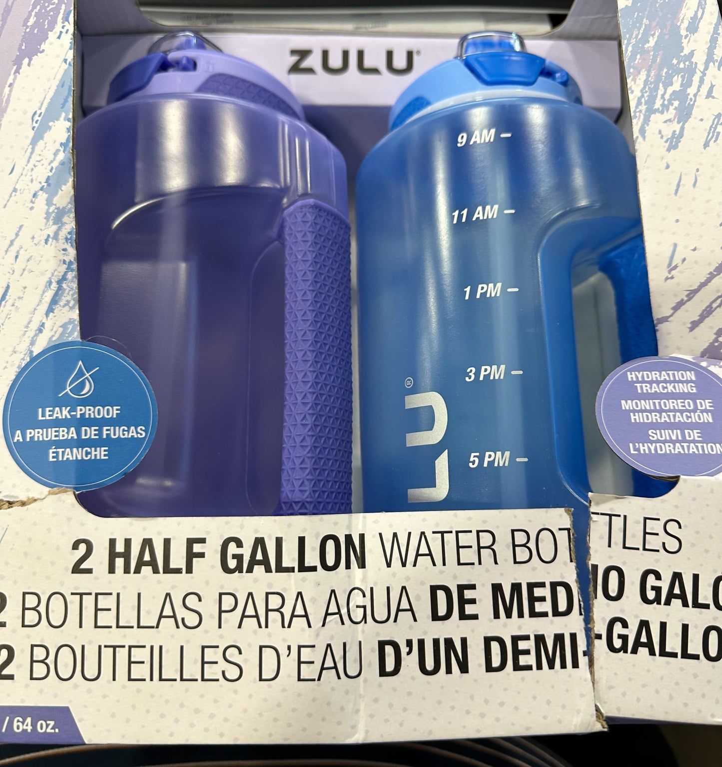 ZULU Goals Half Gallon Plastic Jug with Time Marker and Carry Loop, Leak-Proof Lid, Soft Grip and BPA Free, 64 oz, 2 Pack