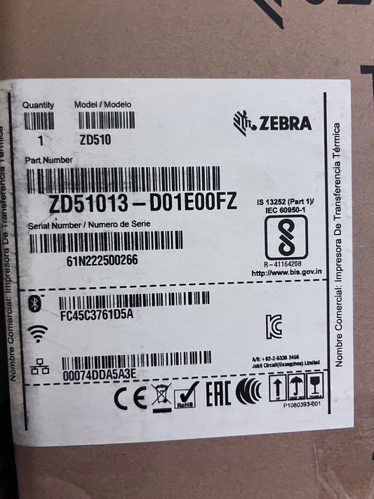 Zebra ZD510-HC Mono 300dpi Direct Thermal USB LAN BT Wristband Barcode Printer ZD51013-D01E00FZ