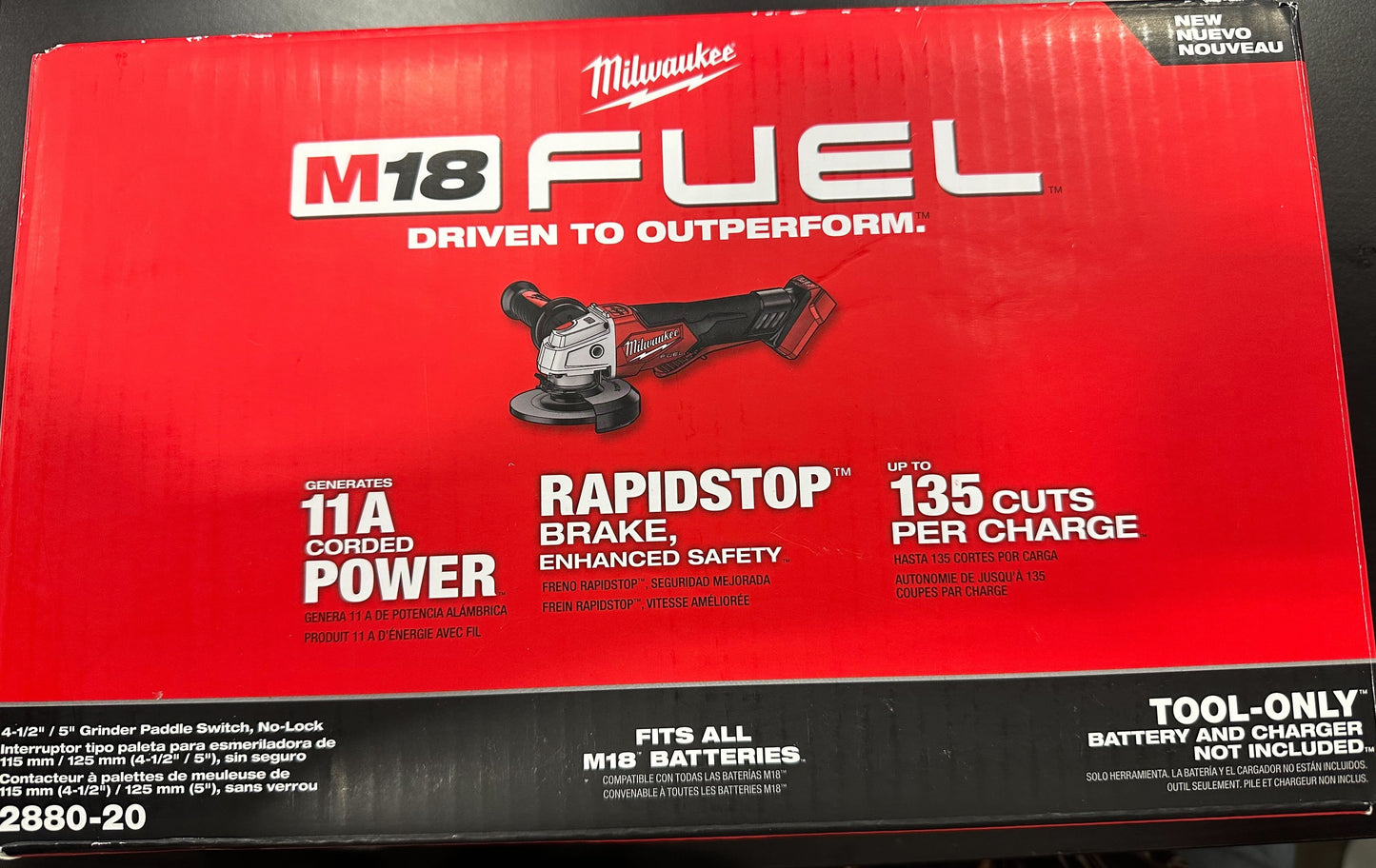 Milwaukee 2880-20 M18 FUEL Brushless Lithium-Ion 4-1/2 in. / 5 in. Cordless Small Angle Grinder with No-Lock Paddle Switch (Tool Only)