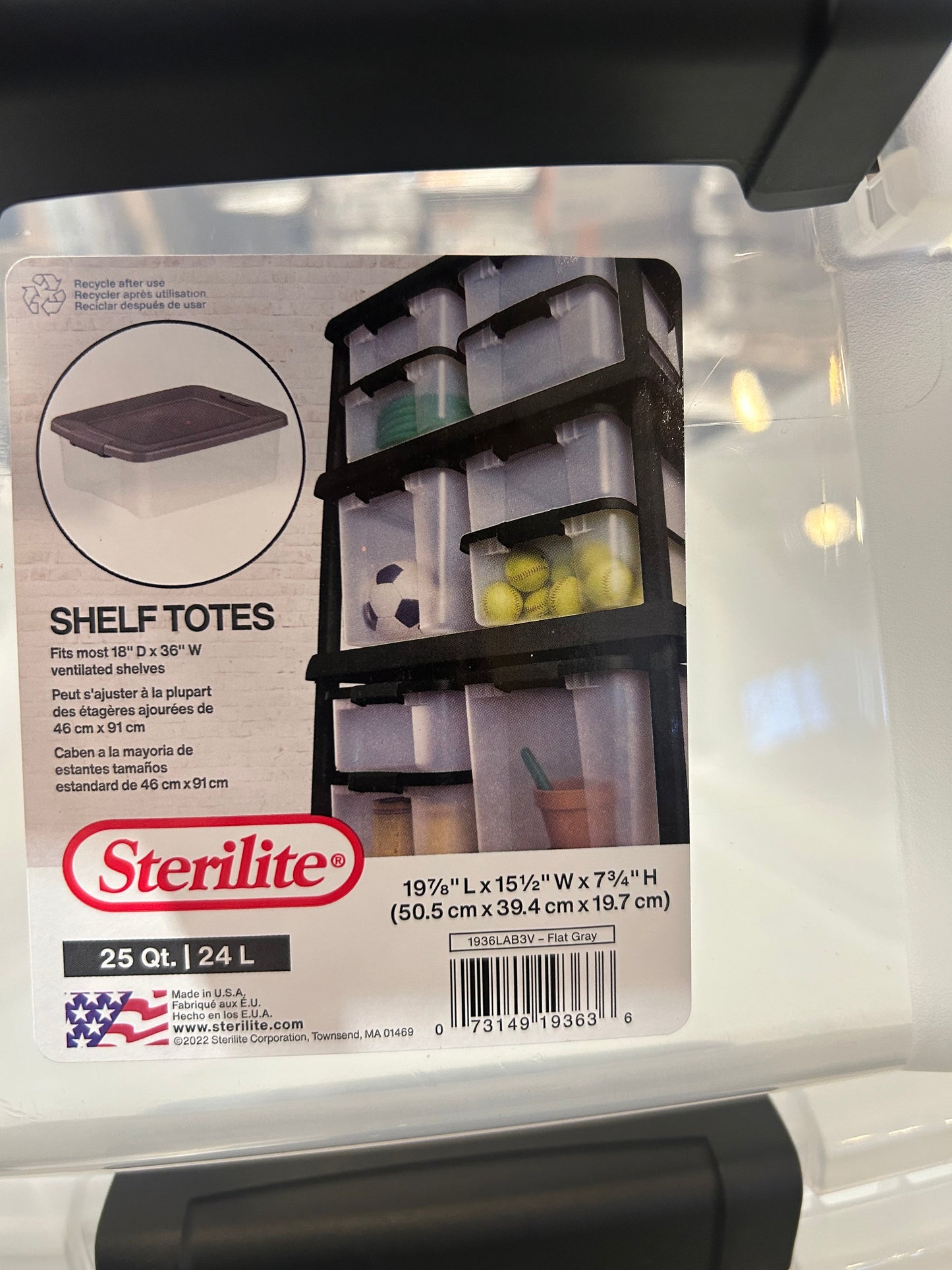 Sterilite 25 Qt ShelfTote, Stackable Storage Bin with Latching Lid, Plastic Container to Organize Closet Shelves, Clear Base and Gray Lid, 6-Pack