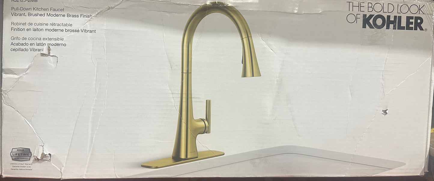 KOHLER Conti Single Handle Pull Down Sprayer Kitchen Faucet in Vibrant Brushed Moderne Brass-Open Box