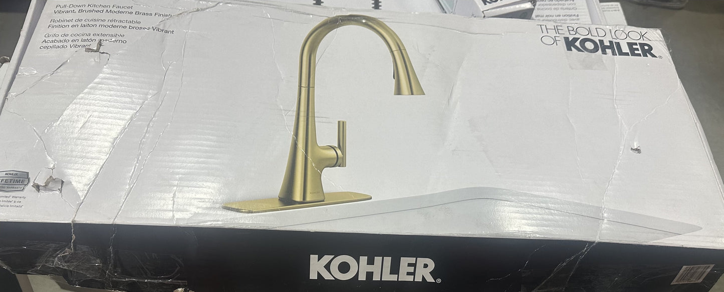 KOHLER Conti Single Handle Pull Down Sprayer Kitchen Faucet in Vibrant Brushed Moderne Brass-Open Box