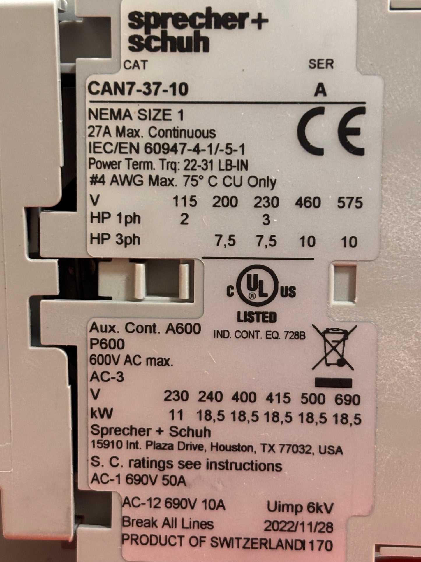 CAN7-37-10-120, Sprecher & Schuh, Electromechanical Contactor, 37A, 110/120VAC