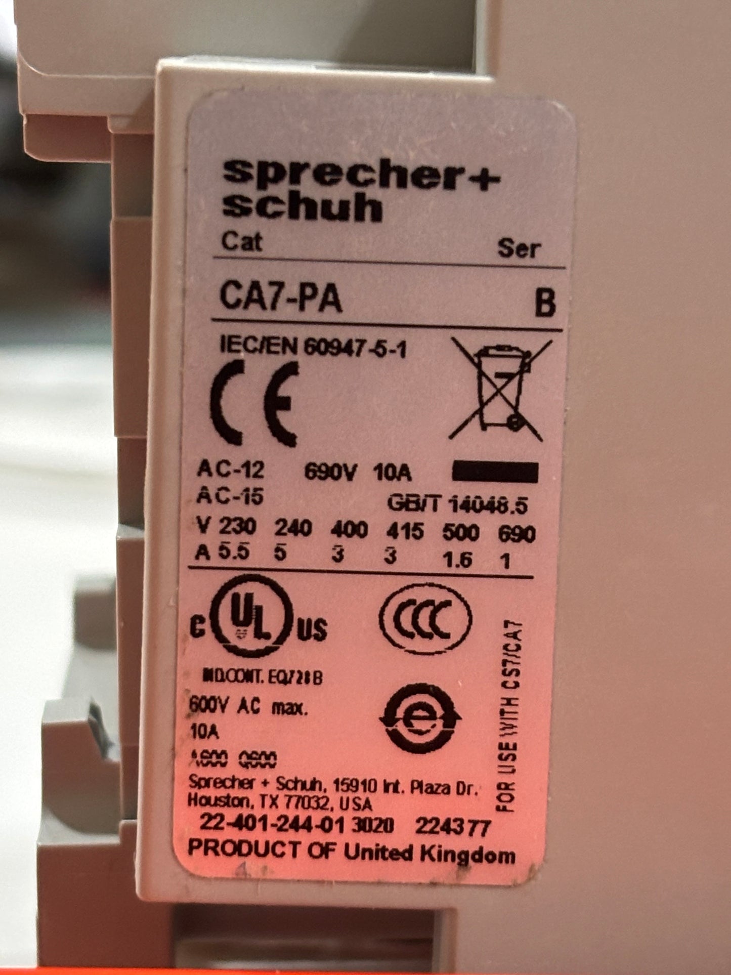 CAN7-37-10-120, Sprecher & Schuh, Electromechanical Contactor, 37A, 110/120VAC