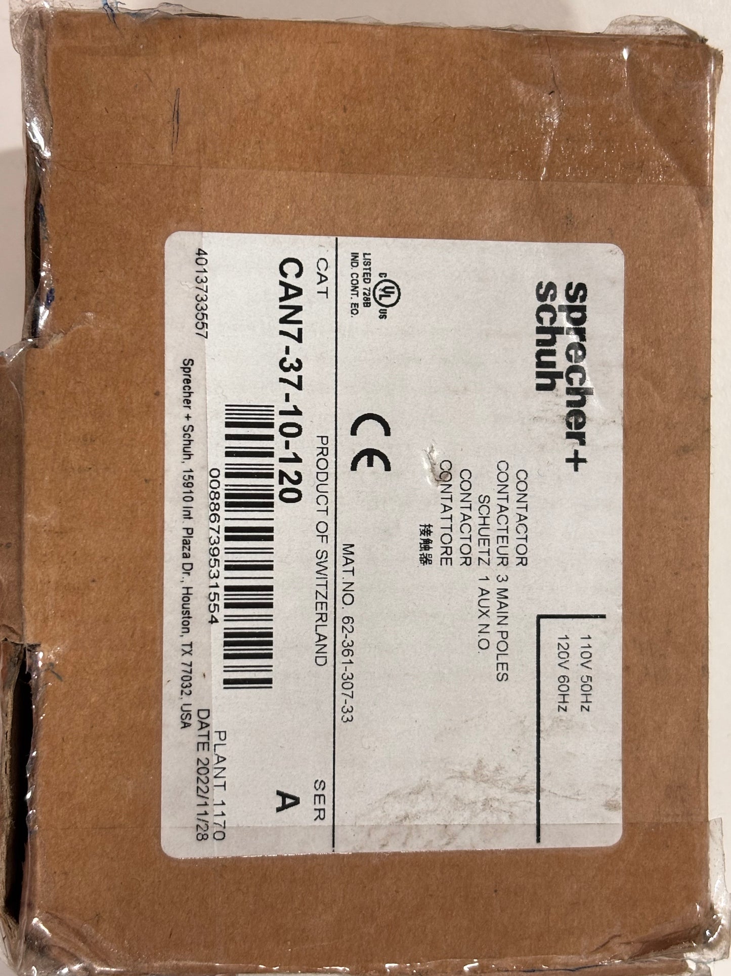 CAN7-37-10-120, Sprecher & Schuh, Electromechanical Contactor, 37A, 110/120VAC