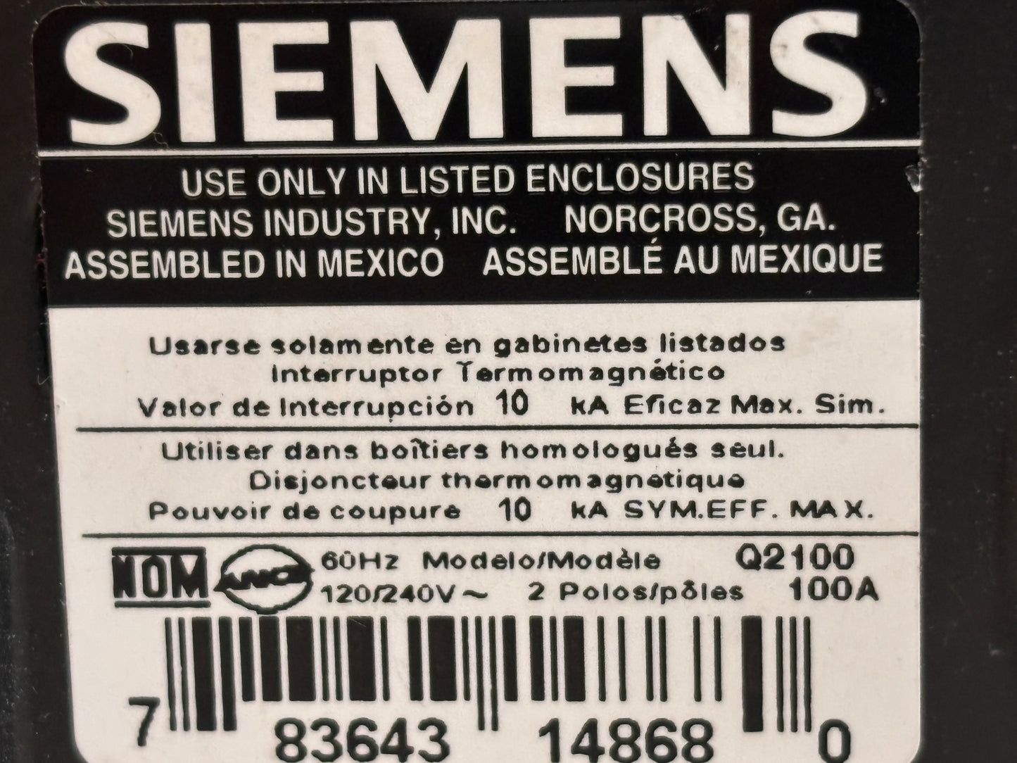 Siemens Q2100_2PK 100 Amp Double Pole Type QP Circuit Breaker