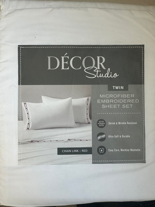 Decor Studio Chain Link Microfiber 4 Piece Sheet Set Red & White TWIN