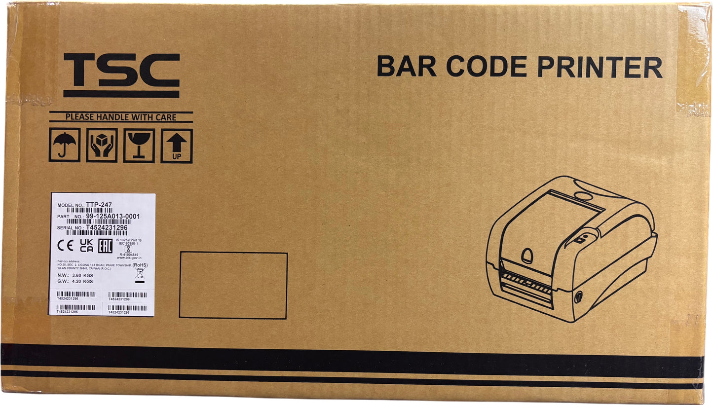 TSC 99-125A013-00LF Series TTP-247 Desktop Thermal Transfer Bar Code Printer, 203 dpi Resolution, 7 IPS, 8 MB DRAM, 4 MB Flash, USB/Serial/Parallel Port, Black
