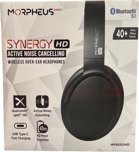 Morpheus 360 Synergy HD Bluetooth Headphones, Wireless Headphones, Over-Ear Headphones, 40-Hour Playtime, USB Type C Fast Charging, Soft Leather Padding, with Travel Case - Black, HP9550HD