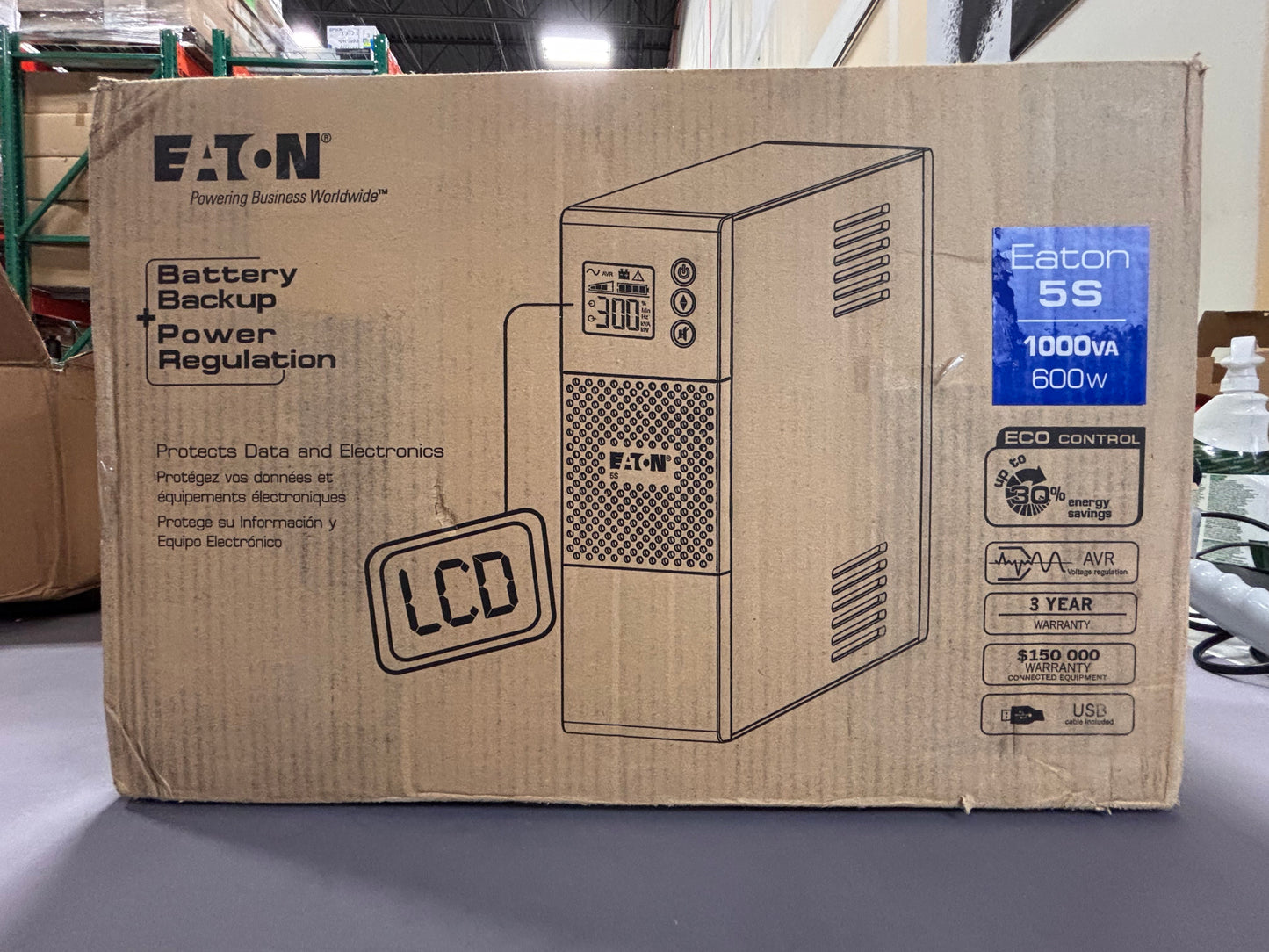 Eaton 5S1000LCD UPS Battery Backup & Surge Protector, 1000VA / 600W, AVR, LCD Display, Line Interactive