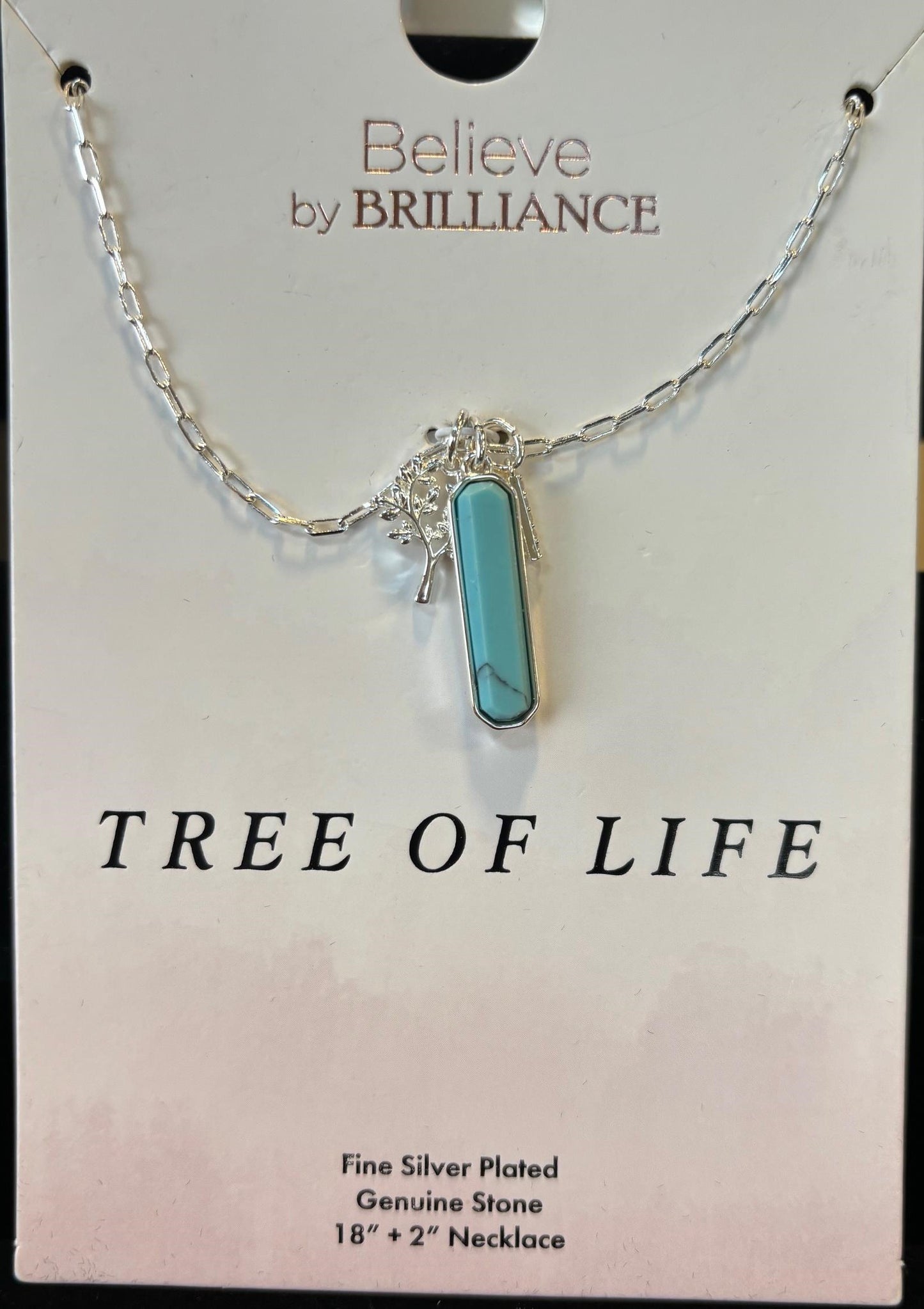 Believe by Brilliance Women's Fine Silver Plated Semi-Precious Turquoise Stone Family Tree Pendant Necklace, 18+2" Extender