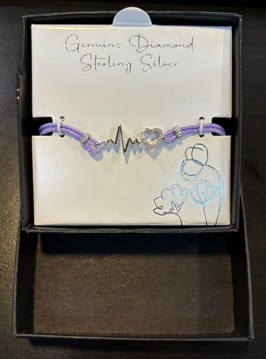 Macy's Diamond Accent Heartbeat Purple Cord Bracelet in Sterling Silver