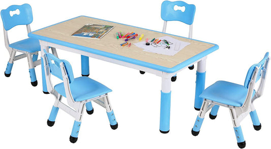 Kids Table and 4 Chair Set, Height Adjustable Toddler Table and Chair Set, Non-Slip Legs, Graffiti Desktop, Large Children Activity Table, Reading Daycare Classroom Home (Blue)